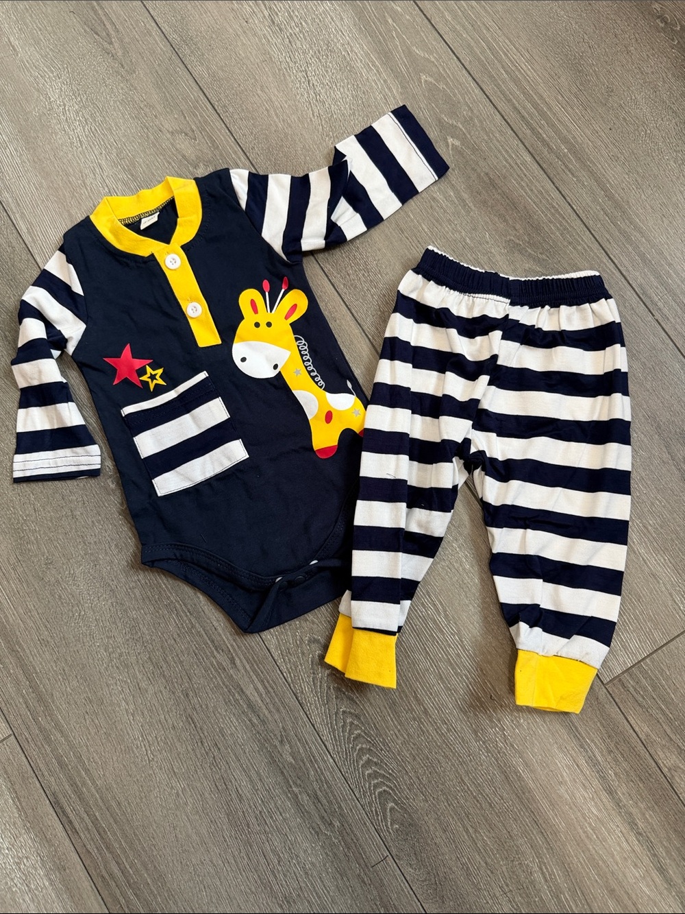 Navy & Yellow Giraffe One-Piece Bodysuit Set for Kids